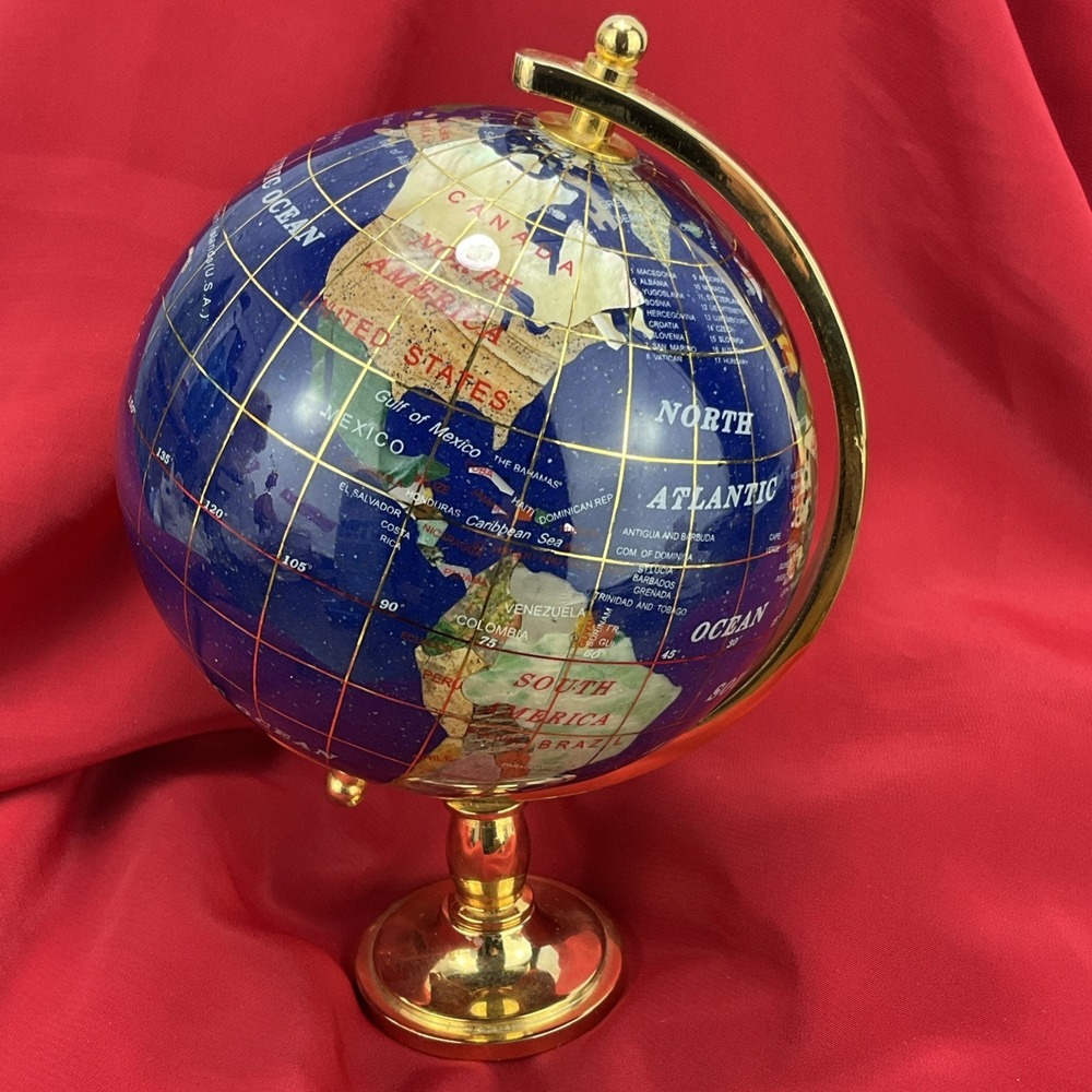 Blue Lapis Glass World Globe with Semi Precious Gemstones 7" Tall VG Cond